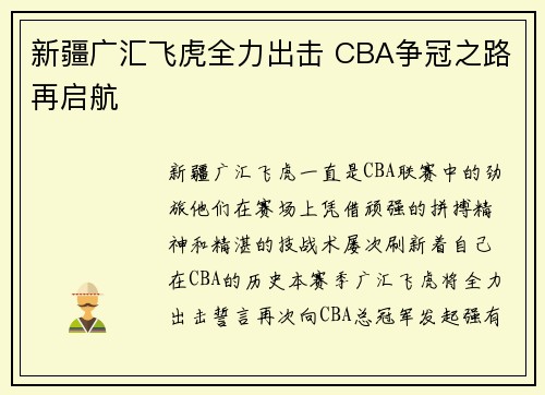 新疆广汇飞虎全力出击 CBA争冠之路再启航