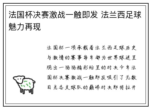 法国杯决赛激战一触即发 法兰西足球魅力再现